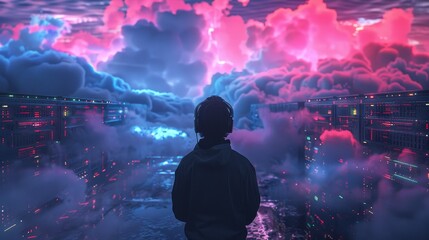 Obraz premium A man is standing in front of a cityscape with a purple sky. The sky is filled with clouds and the city is lit up with neon lights. Scene is mysterious and surreal