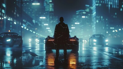 A man stands in the rain next to a car. The scene is set in a city at night, with the man and car being the only visible objects. Scene is dark and mysterious