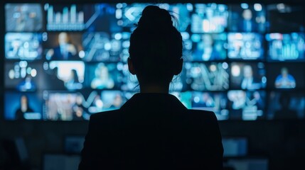 A woman is looking at a computer screen with many different images on it. The woman is wearing a black jacket and has her hair in a bun. The computer screen is displaying a lot of information - obrazy, fototapety, plakaty