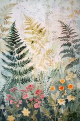 A watercolor floral arrangement featuring pink flowers, ferns, and foliage on a vintage background. Botanical illustration with a touch of rustic charm, perfect for nature-inspired designs.