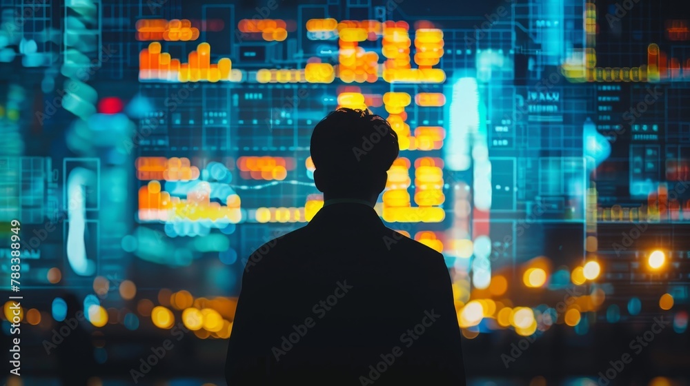 Wall mural a man is standing in front of a city skyline with a computer screen in the background. the man is lo