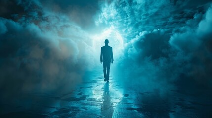 A man is walking through a foggy, misty sky. The sky is filled with clouds and the man is wearing a suit