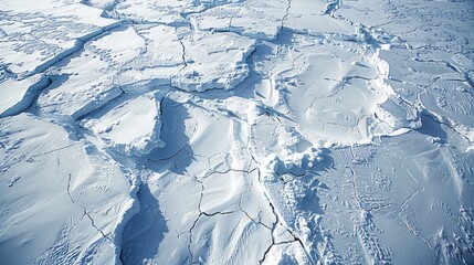 An aerial view of Greenland's ice sheet, with cracks and crevasses creating abstract patterns on the surface.
