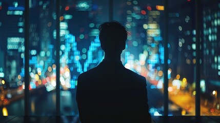 A man is sitting in a window looking out at the city. The city is lit up at night, creating a moody atmosphere. The man is lost in thought, possibly contemplating his life or the world around him - obrazy, fototapety, plakaty