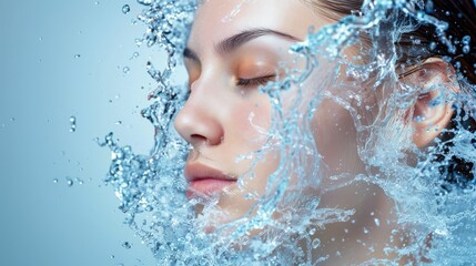 Hydration and skincare concept, water splash on serene woman's face.