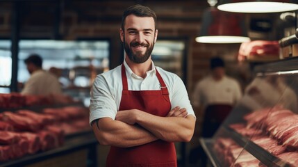 Cheerful male meat cutter at a modern butcher's shop - obrazy, fototapety, plakaty