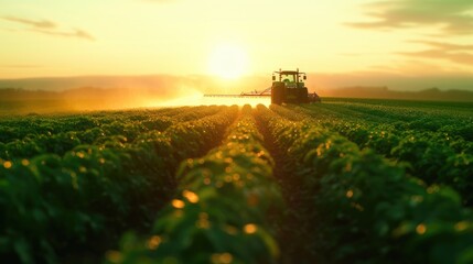 Fototapeta premium Farm Machinery: Spraying Pesticides on Healthy Soybean Plants