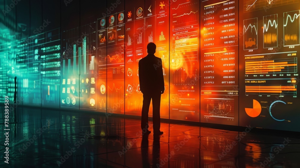Fototapete a man stands in front of a wall of computer monitors displaying various graphs and charts. concept o