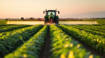 Green Crop Care: Tractor Spraying Pesticides on Soybeans