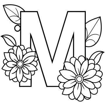 Alphabet M coloring page with the flower, M letter digital outline floral coloring page, ABC coloring page
