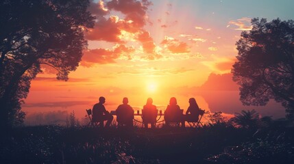A group of people are sitting around a table in a forest during sunset. Scene is peaceful and serene, as the group enjoys each other's company in the beautiful natural setting