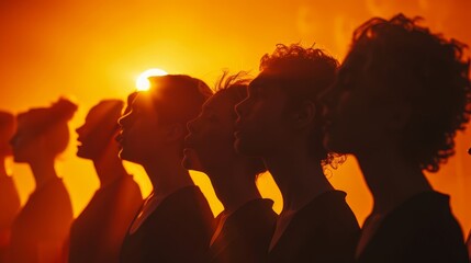 A group of people are standing in a line, with their heads turned towards the sun. Concept of unity and togetherness, as the people are all looking towards the same direction