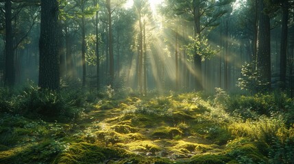 A tranquil forest glade is bathed in the soft light of dawn, casting long shadows across the moss-covered ground. The air is filled with the sound of birdsong, while shafts of golden light filter thro