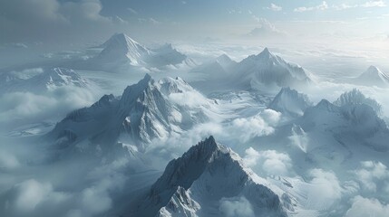 A view of Greenland's mountainous terrain, with snow-capped peaks rising into the clouds. - obrazy, fototapety, plakaty
