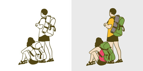 Moutain climber couple sitting or backpacker couple sitting at the side of the road