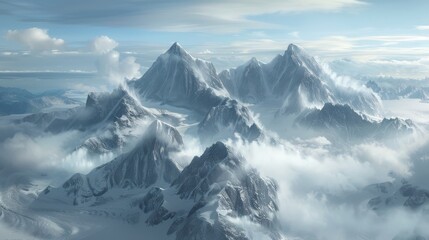 A view of Greenland's mountainous terrain, with snow-capped peaks rising into the clouds. - obrazy, fototapety, plakaty