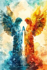 Colorful Watercolor Illustration of Two Angels Embracing in Harmony