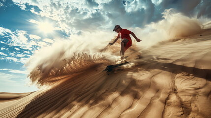 Sandboarding at sunset, perfect for action sports and desert fun themes.