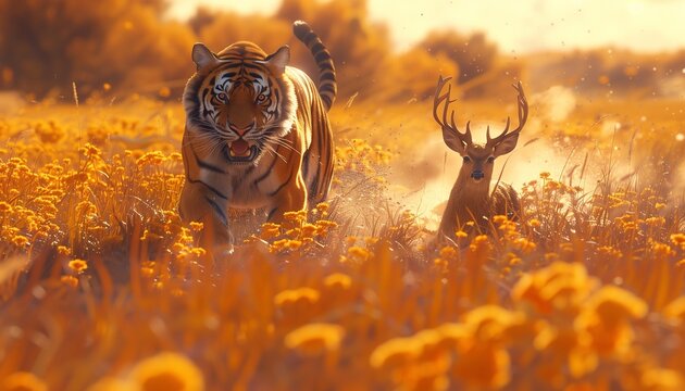  A picture of a tiger and a little deer running in the vast golden grassland. generative ai