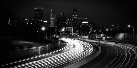Minneapolis City Night Skyline and I-94 Interstate Highway in Minnesota, USA, black and white color panorama photo