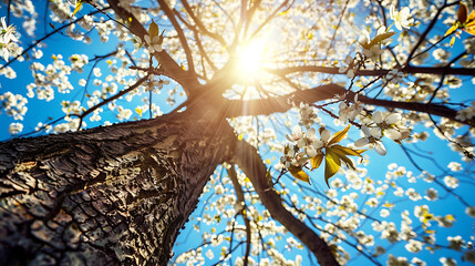 Sunburst Through Blossoms
A radiant sun flares through delicate cherry blossoms, illuminating the promise of spring in a dance of light and petals. - obrazy, fototapety, plakaty