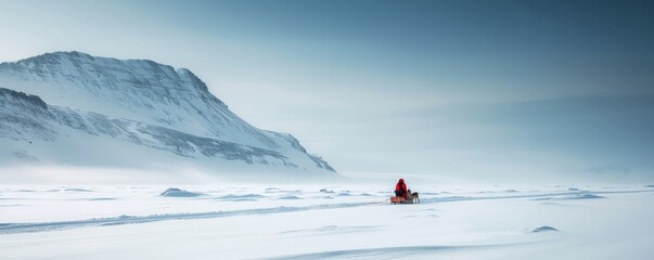 A lone dog sled traversing a snow-covered plain, symbolizing the traditional mode of transportation in Greenland.