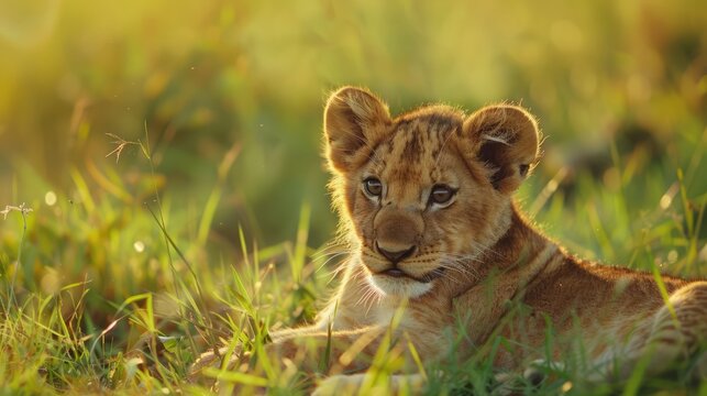 Cute lion cub baby, African danger animal, Panthera leo, 