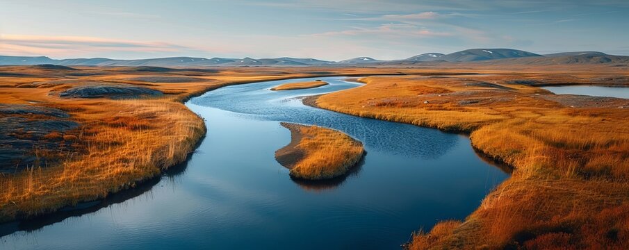 A high-angle shot of a winding river cutting through the Greenlandic tundra.