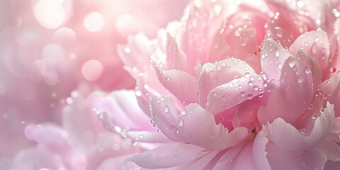 Closeup of a beautiful pink peony flower covered in sparkling water droplets against a soft, blurred background