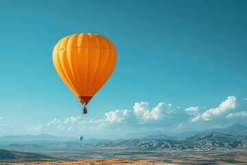 Yellow hot air balloon vibrant clear blue sky minimal clouds distant view wide shot
