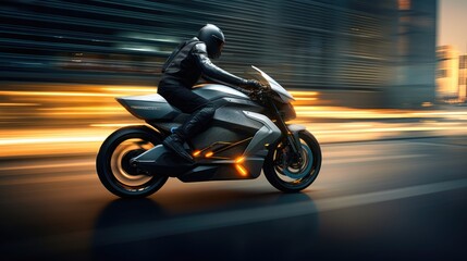 Obraz na płótnie Canvas Chasing the Horizon: Motorcycle Rider Blurring Through Highway