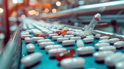 Busy pharmaceutical production line, pills encapsulation, macro view, soft focus, high detail  - obrazy, fototapety, plakaty