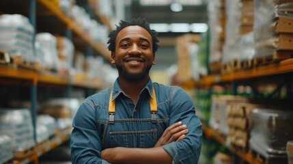 Industrial Worker with Arms Crossed in Warehouse Setting