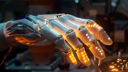 3D printed prosthetic hand being assembled, bright LED lighting, close view, modern glossy finish - obrazy, fototapety, plakaty