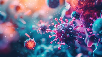 Microscopic view of a virus interacting with antibodies, vibrant colors, close-up, scientific illustration style  - obrazy, fototapety, plakaty