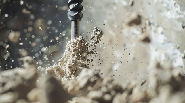Electric drill drilling into concrete, debris flying, extreme close-up, slow motion effect, gritty texture 