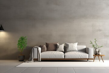 Modern Living Room Interior. Sofa, Chair, Pillows, and Concrete Wall, Mock-up of Modern Design Decorative Furniture Interior, 3D Rendering