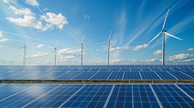  Solar Panels and Wind Turbines under Clear Skies, Showcasing Renewable Energy Solutions 