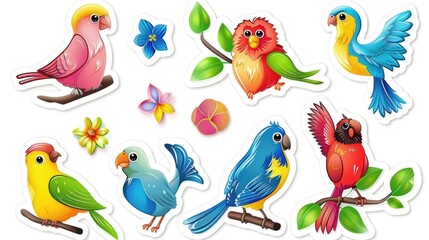 3D birds stickers for kids on white background 