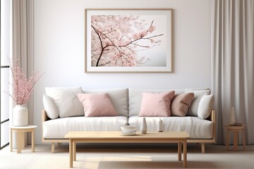 Modern Living Room Interior Design with Spring Cherry Flowers Frame, Sofa, Chair, Pillows, Furniture, and Vase of Flowers