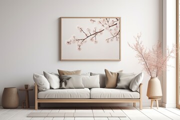 Modern Living Room Interior Design with Spring Cherry Flowers Frame, Sofa, Chair, Pillows, Furniture, and Vase of Flowers