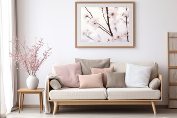 Modern Living Room Interior Design with Spring Cherry Flowers Frame, Sofa, Chair, Pillows, Furniture, and Vase of Flowers