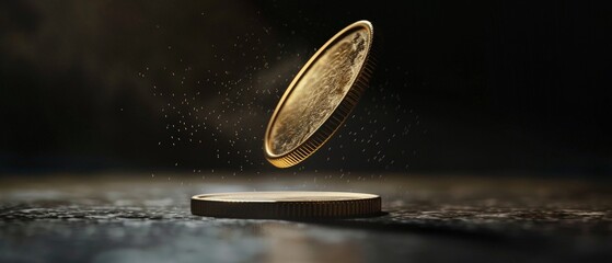Coin spinning, both sides visible midair, spotlight, highspeed shot, dark background, 