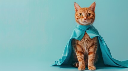 Cute ginger cat in a blue superhero cloak and mask on a blue background