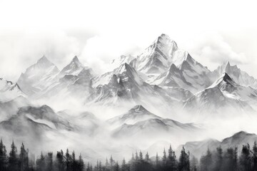 Mountain Range Landscape background. Pencil Drawing Illustration Clouds, Snow, and Morning Fog Surrounding Majestic Mountain Peaks - obrazy, fototapety, plakaty