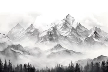 Foto op Canvas Mountain Range Landscape background. Pencil Drawing Illustration Clouds, Snow, and Morning Fog Surrounding Majestic Mountain Peaks © RBGallery
