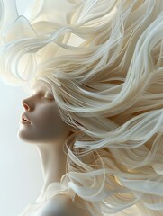 Luxurious blonde hair flowing around a human figure, set against a white background, exuding Bohemian elegance, 