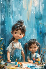 Two Children Standing in Front of Blue Background