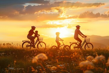 Silhouettes of happy family on bicycles at sunset.