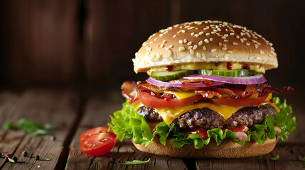 Juicy Burger Delight: Mouthwatering Bite of Crispy Bacon, Fresh Cucumber, Lettuce, Cheese, Onion, and Tomato on a Dark Wooden Background